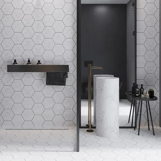 Shop Mir Terra White Speck Hex | Artistic Tile & Stone